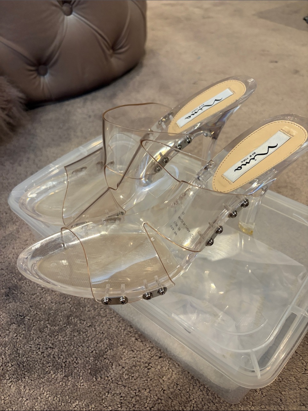 New Clear NINA by New York Lucite Strappy Mule Heels by - Transparent size 9